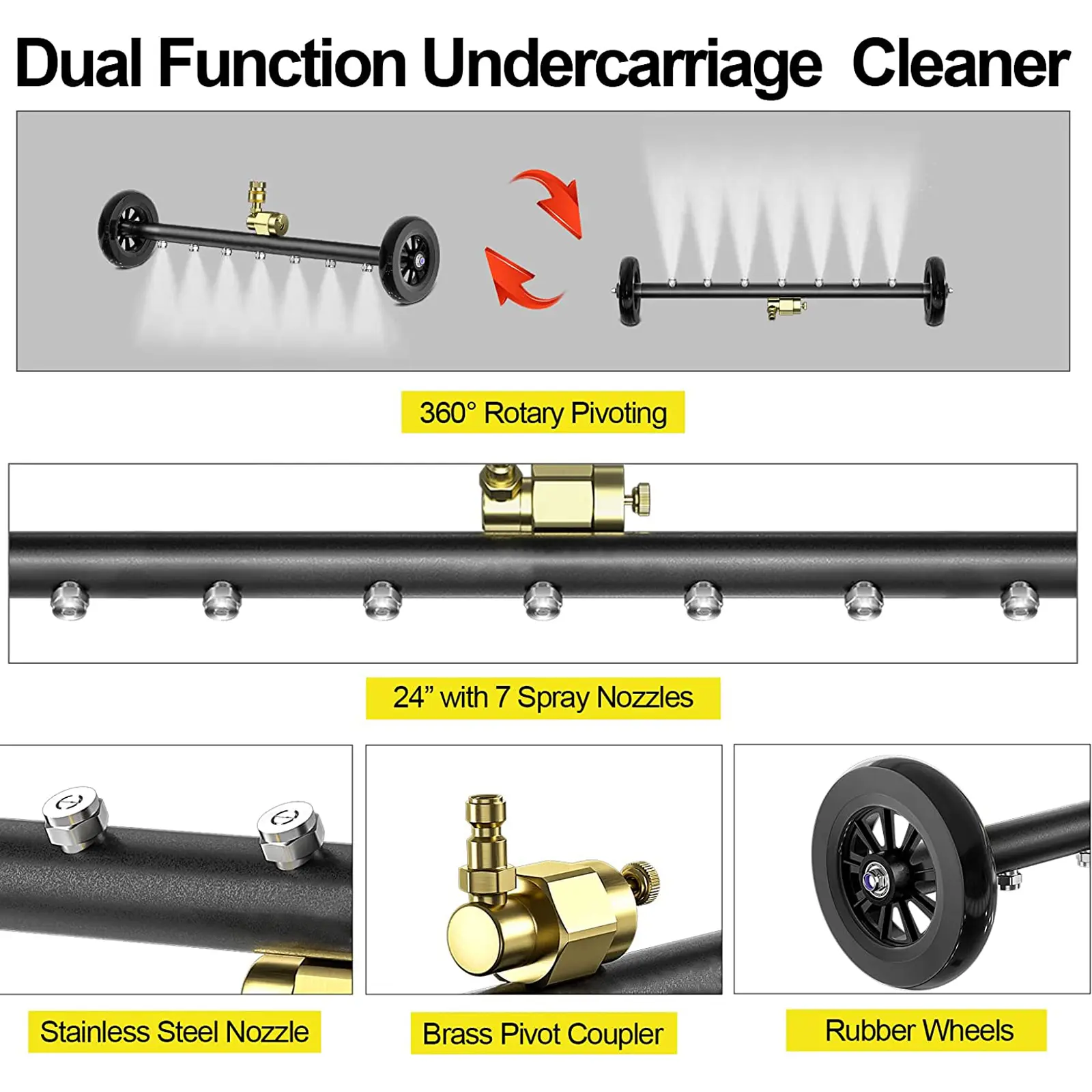 EVEAGE Undercarriage Pressure Washer Attachment Pro Max 24, Surface  Cleaner Water Broom with 3pcs Extension Wand and Quick Connect Pivot  Coupler 4000psi, 2 in 1 Underbody Car Washer - EVEAGE